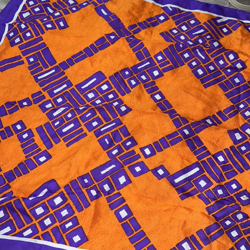 Burmel, Orange and Purple, abstract mid century 26” square, hand rolled scarf